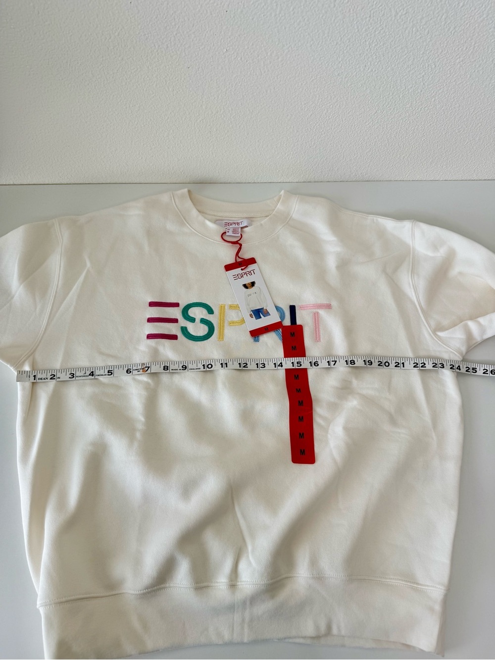 NWT Esprit Cream Logo Fleece Crewneck Sweatshirt Embroidered 80s Retro Viral M - Picture 9 of 10
